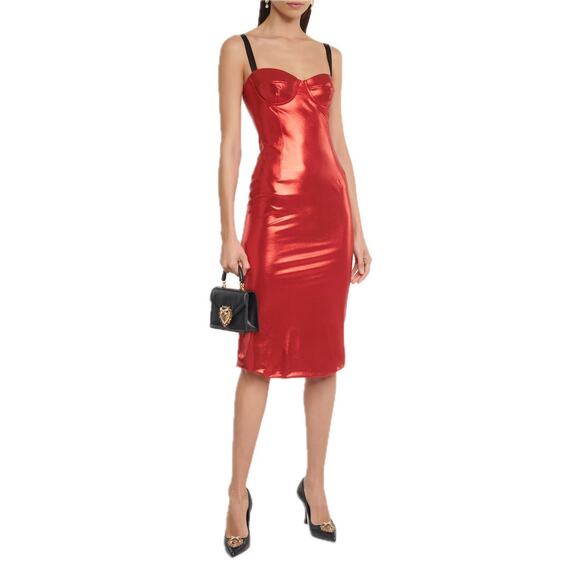 DOLCE & GABBANA Red Laminated Bustier Midi Dress 40 S - Picture 2 of 7